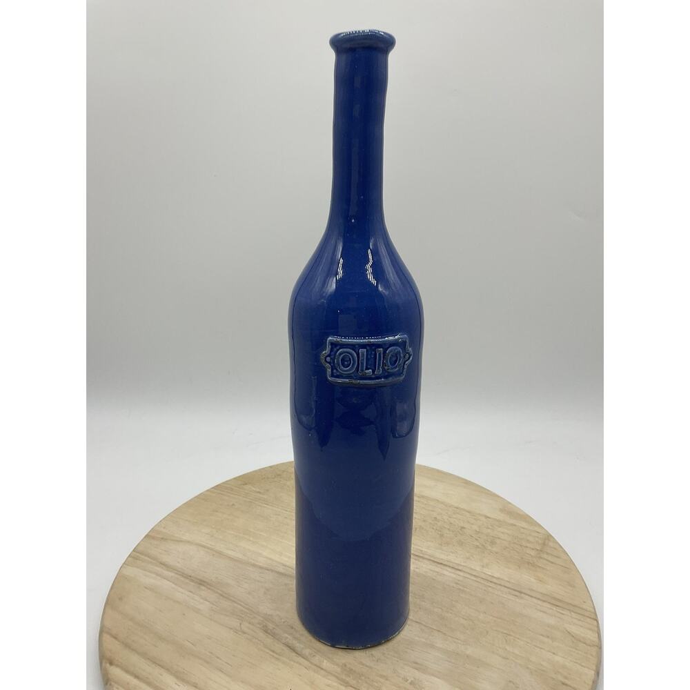 Horchow Blue Stoneware‎ Olio Bottle Made In Italy Tall Kitchen Decor Display